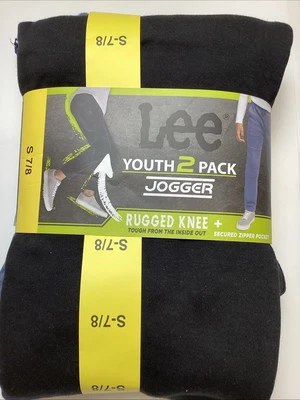 Paquete de 2 pantalones de chándal Lee Youth con cremallera bolsillo resistente a la rodilla, negros y azules, pequeños 7/8 Foto 1 de 4