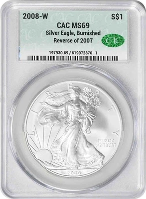 American Silver Eagle 2008-W $1 reverso bruñido de 2007 MS69 CACG Foto 1 de 2