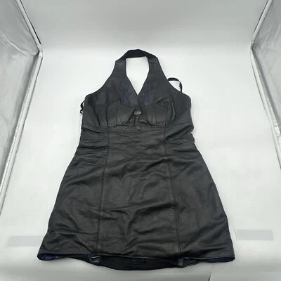 VTG HARLEY DAVIDSON BLACK LEATHER BLUE FLAME MINI HALTER DRESS WOMEN'S SIZE 36/8 - Image 1 of 4