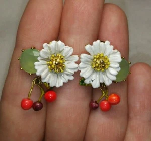 Les Nereides White Enamel Flower Green Stone Clip on Earrings - Picture 1 of 10