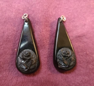 Victorian Black Bog Oak Carved Drop Earrings - Picture 1 of 5