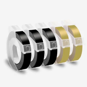 5x Prägeband Schwarz Gold 9mm x 3m Kompatibel für Dymo Omega Beschriftungsgerät - Bild 1 von 10
