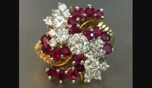 2CT Round Lab Created Ruby Cluster Womens Engagement Ring 14K Yellow Gold Plated - Picture 1 of 8