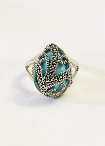 Vintage Sterling 925 Silver Turquoise Marcasite Chrysocolla Swirl Ring Size 8