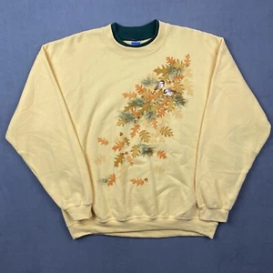 Suéter Vintage Abuela Adulto XL Amarillo Cuello Simulado Otoño Otoño Hojas Pájaros Años 90 - Imagen 1 de 11