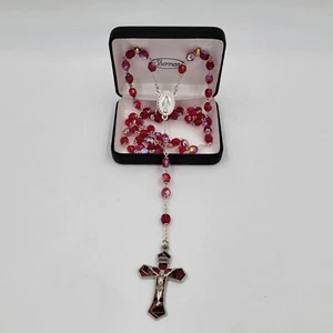 Sherman Ruby Red Rosary With Mosaic Crucifix Christian Catholic New - Picture 1 of 7