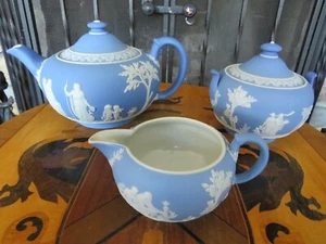 Antique Wedgwood Sky Blue Jasperware Tea Set (Teapot, Sugar Bowl & Creamer) - Picture 1 of 12