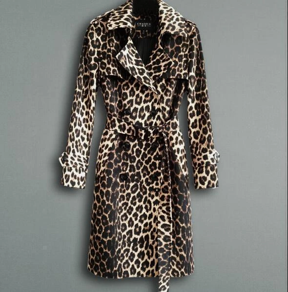 Leopard Print Trench Coat Women's Mid-Length Fashion Slim Long-Sleeved Coat  - Image 1 of 4