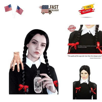 Peluca Negra Trenzada Disfraz Wed. Peluca Coleta Trenzada Negra Trenzas + Cintas Rojas... Foto 1 de 4