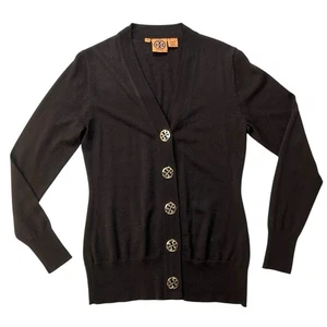 Tory Burch Cardigan Sweater Brown Small 100% Wool Gold Logo Buttons FLAW $295 - Picture 1 of 9