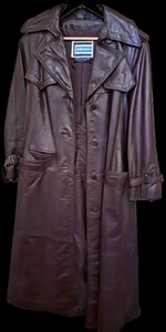 Vtg 100% Leather Full Length Belted Trench Coat Maroon Burgandy Size 14 - Picture 1 of 14