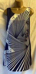 Oasis Pure Silk Blue Mix Geometric Retro 10 Mini Tunic Y2K Sleeveless Boho Dress - Picture 1 of 18