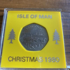 Moneda de 50 peniques de Navidad Isla de Man 1980 en excelente estado en estuche - Imagen 1 de 5