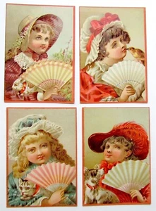 LADIES w/ FANS lot OF 4 ANTIQUE VICTORIAN TRADE CARDS - Picture 1 of 2