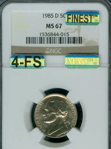 1985 D JEFFERSON NICKEL NGC MS67 MAC 4FS PQ MAC FINEST SPOTLESS $1,250.00 FS . - Picture 1 of 4