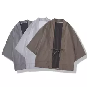 Men Kimono Cardigan Coat Jacket Striped Japanese Retro Casual Yukata Haori - Picture 1 of 12