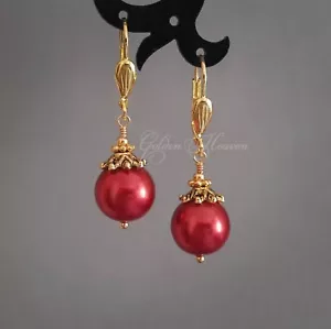 Red Christmas earrings round cute ball bead dangles Gold Plated Leverbacks - Picture 1 of 3