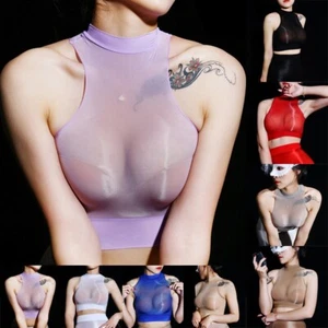 1pc Sexy Womens See Through Shiny Glossy Sheer Halter Crop Top Bra Bralette Vest - Picture 1 of 20