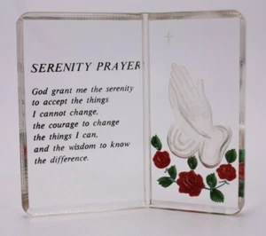 Serenity Prayer Hands Engraved Lucite Acrylic Roses Clear Vtg Standing Plaque - Picture 1 of 12