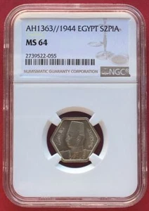 EGYPT , 2 PIASTRES KING FAROUK 1944 - NGC MS 64 ( BL ) , RARE - Picture 1 of 2
