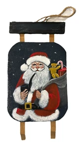 Vintage Hand Painted & Built Wooden Sleigh With Santa Holding Pipe & Toys 1980s - Picture 1 of 2