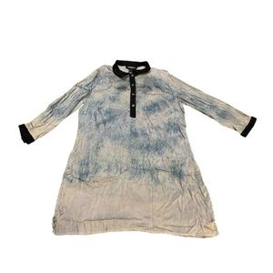 Citron Collection Silk Tunic Top Blue Grey Black Womens Large Watercolor Collar - Picture 1 of 11