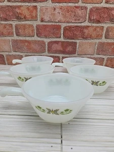Vintage 5er Set Anchor Hocking Meadow Grün Milchglas Suppenschalen mit Griffen - Bild 1 von 7