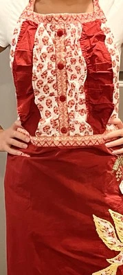 Sur La Table Pinafore Apron Flowers /Bird Applique Red/Multi Print Ruffles Adult - Image 1 of 4