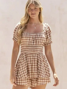 GINGHAM PRINT PUFF SLEEVE ROMPER - Picture 1 of 14