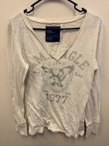 Vintage Y2K American Eagle Gr. XL Henley Langarm Oberteil T-Shirt Grafik Logo Glitzer - Bild 1 von 9