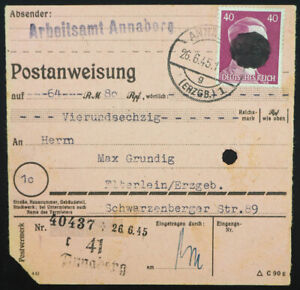 "ANNABERG (ERZGEB) 1 26/6/45", 40 Pfg., A-Schwärzung, auf Postanweisung