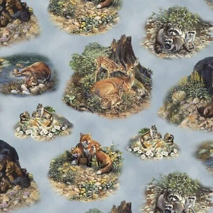 Woodland Families Animals Scenic Blue 100% Cotton Fabric by The Yard - Picture 1 of 1