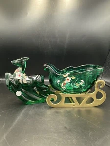 FENTON SPRUCE GREEN REINDEER & SLEIGH HP MAGNOLIAS by S FIELDER - Picture 1 of 9