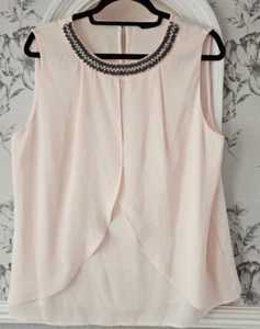 Beautiful Ladies Blush Chiffon Top Beaded Neckline Sleeveless M & Co Sz 16 - Picture 1 of 9