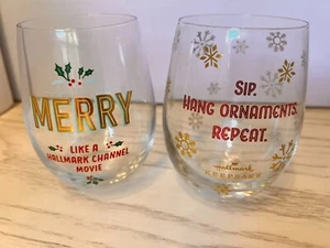 Set of 2 Hallmark Stemless Christmas Holiday Wine Glasses- Merry, Snowflakes - Picture 1 of 6