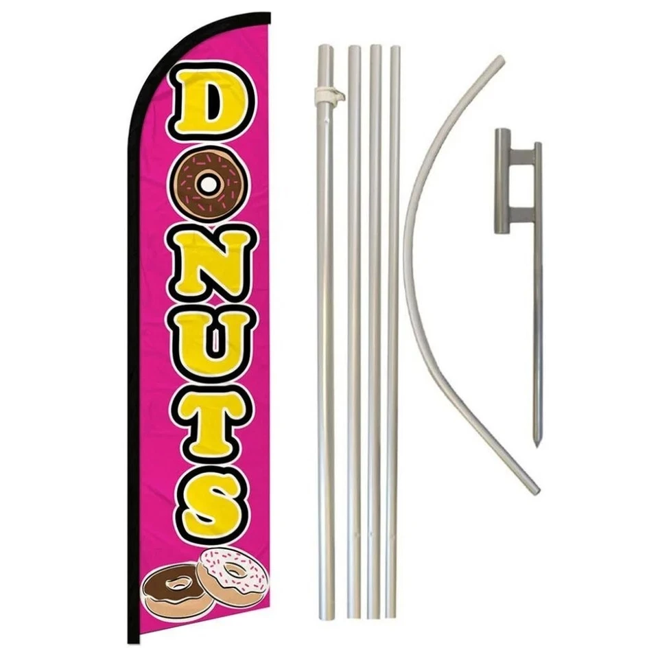 Donuts Pink Advertising Windless Banner Flag & Flag Pole Kit & Ground Spike - Image 1 of 1