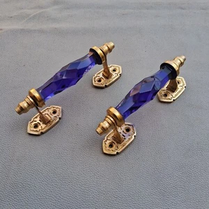 VTG Victorian Handmade brass n glass Prism blue art decor door drawer handle 2pc - Picture 1 of 6