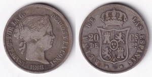 1868 Spanish Philippine ISABEL II 20 Centimos De Peso SILVER Coin - Stock #C15 - Picture 1 of 4
