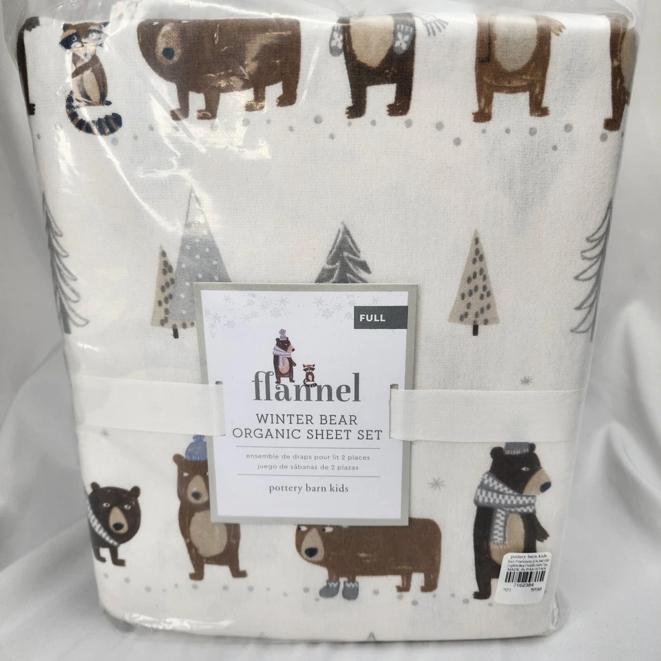 Pottery Barn Kids Holiday Winter Bear Flannel Sheet Set Full 4 Pieces - Image 1 of 4