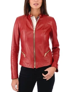 Cappotto classico donna 100% vera pelle rosso con colletto in piedi giacca... - Foto 1 di 9