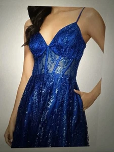 Blondie Nites Sequin-Bodice Sleeveless Gown Juniors' 11 Rotal Blue Lace Zip Back - Picture 1 of 4