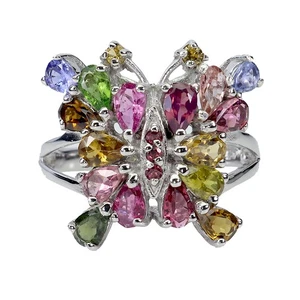 925 Sterling Silver Ring Pear Peridot Rhodolite Garnet Sapphire Gemstone Jewelry - Picture 1 of 13