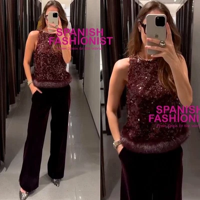 ZARA MUJER FW25 GRANATE LENTEJUELAS TOP CON DOBLADILLO DE PIEL SINTÉTICA TODAS LAS TALLAS 7969/258/971 Foto 1 de 3