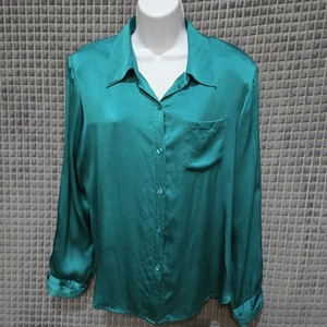 VTG Silk JewelTone Buttonup Blouse SzLg Teal Emerald Glam Lux Money Shoulder Pad - Picture 1 of 11