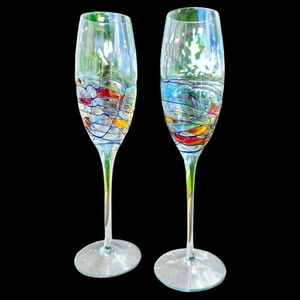 Set of 7 Champagne Flutes & Wine Glasses Stain mosaic La Fleur Monarch Milano - Picture 1 of 7