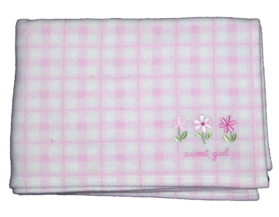 Carters Just One Year Pink Sweet Girl Baby Blanket Plaid 3 Flowers Fleece 30x40 - Image 1 of 1
