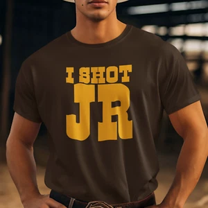 I SHOT JR T-SHIRT (Retro Cult TV 80s Not Dallas Fancy Dress Ewing Party Kitsch) - Picture 1 of 19