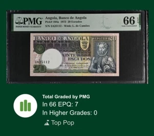 🇵🇹 🇦🇴 Angola 20 Escudos CAMÕES 1973 P 104 a PMG GEM 66 EPQ TOP POP - Picture 1 of 3