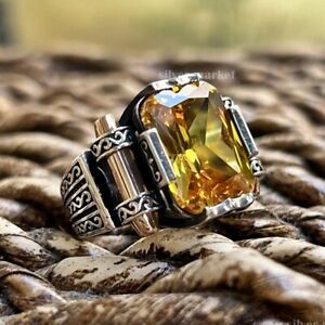 Men's Ring 925K Sterling Silver Turkish Handmade Jewelry Citrine All Size   
