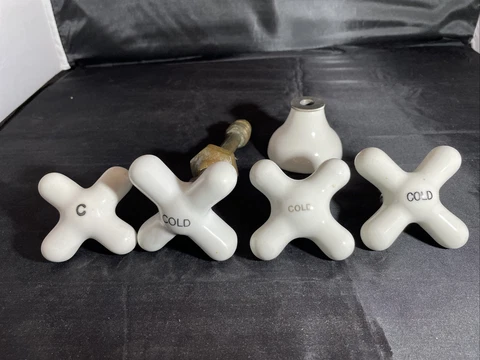 Vintage White Porcelain Cold Cross Faucet Knobs With An Escutcheon Cover
